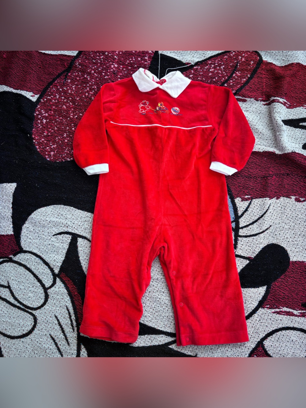 VINTAGE BABY GRO RED VELOUR EMBROIDERED TEDDY BEAR COLLAR ROMPER SIZE 24 MONTHS